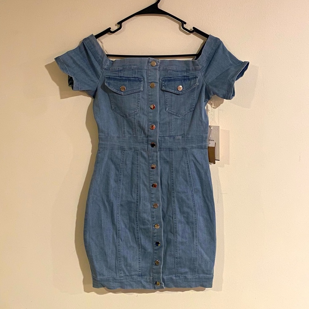 Blashe denim off shoulder mini dress
